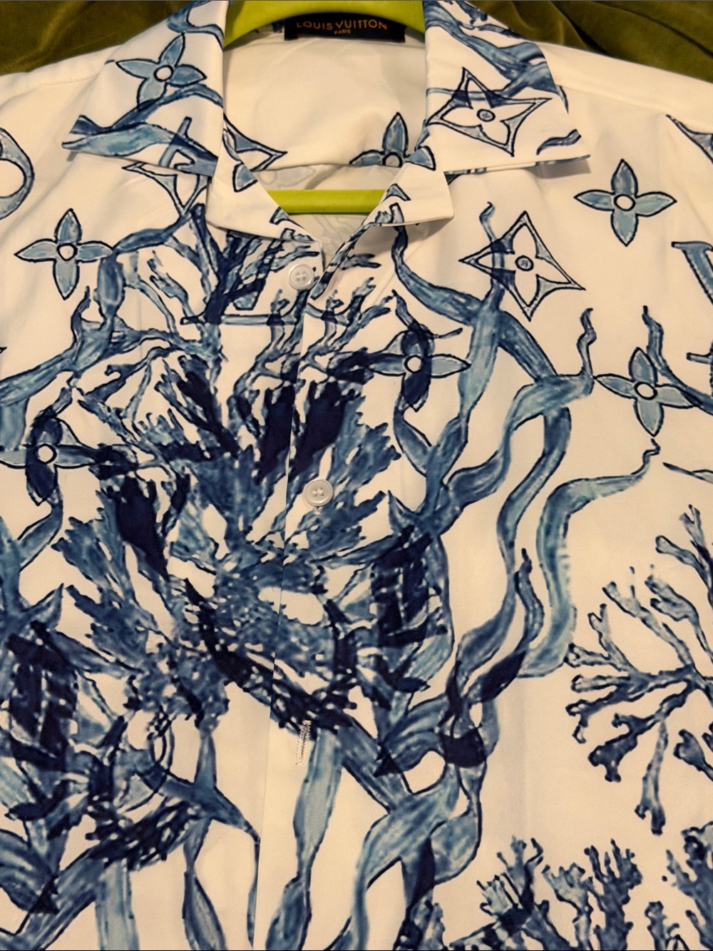 Louis White Shirt with Blue Watercolor Coral and Monogram.  Copy